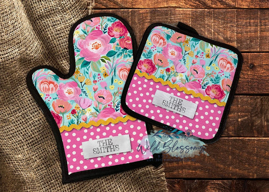 Painted Pink Floral Personalized Pot Holder And Oven Mitt