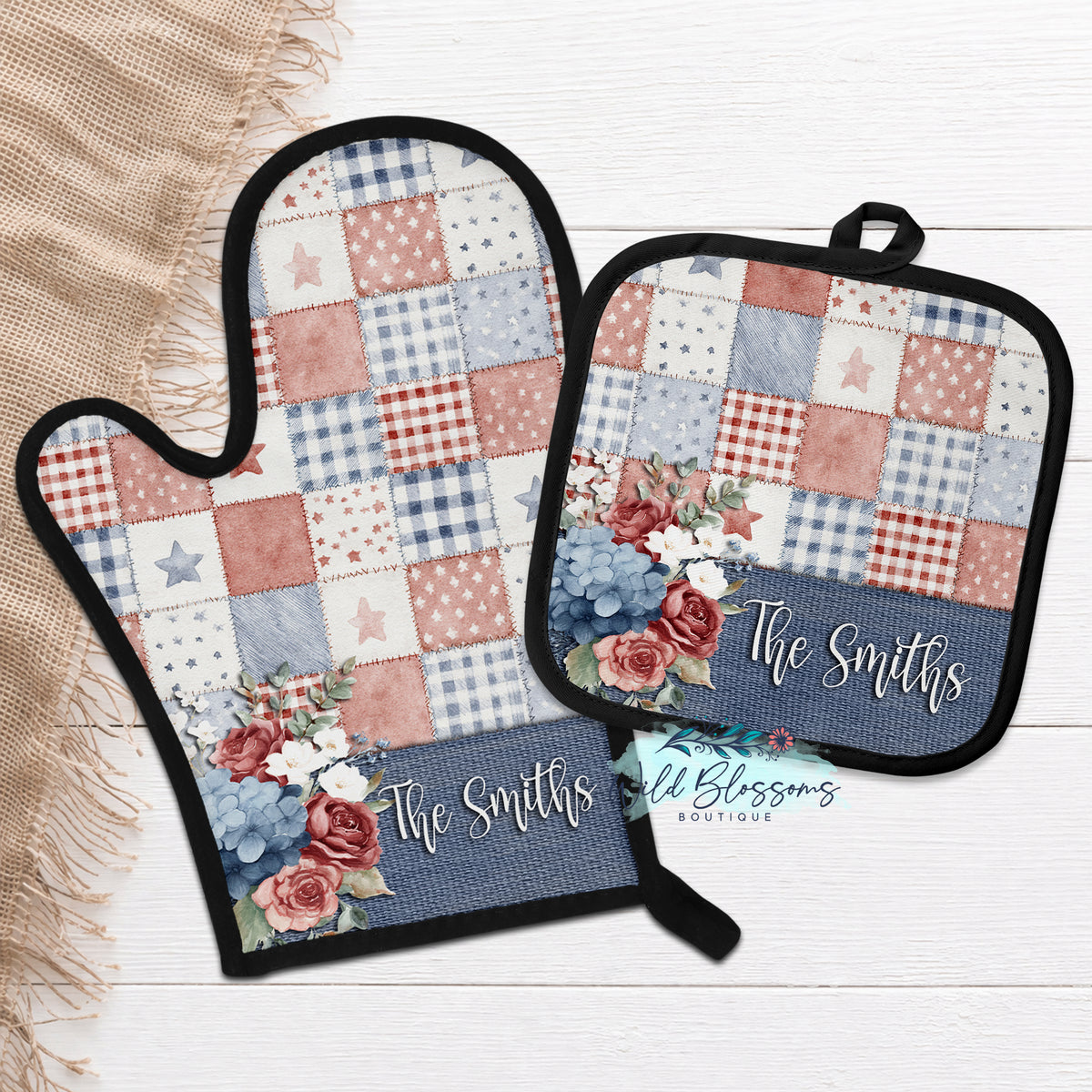 Patriotic Patchwork Personalized Oven Mitt & Pot Holder Set