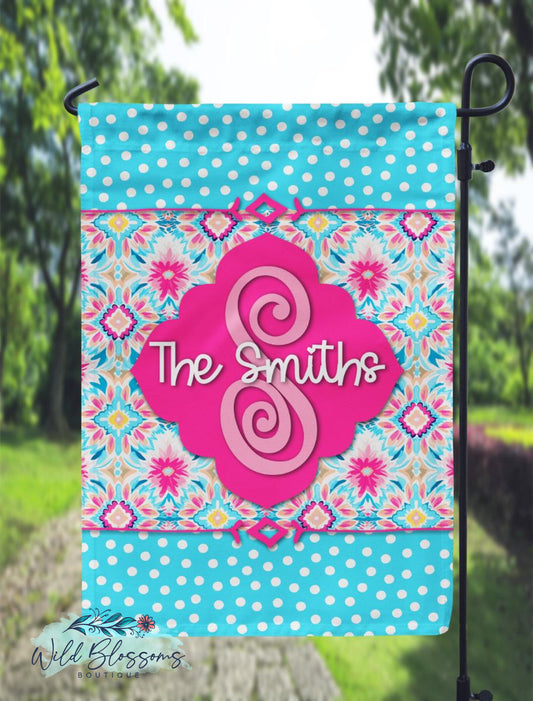 Pink and Blue Floral Personalized Garden Flag
