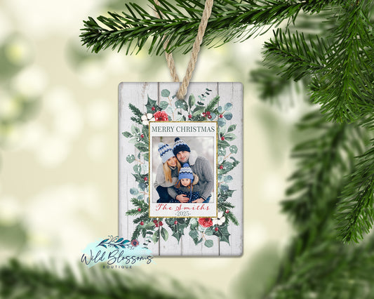 Merry Christmas Wooden Floral Winter Frame Personalized Photo Ornament