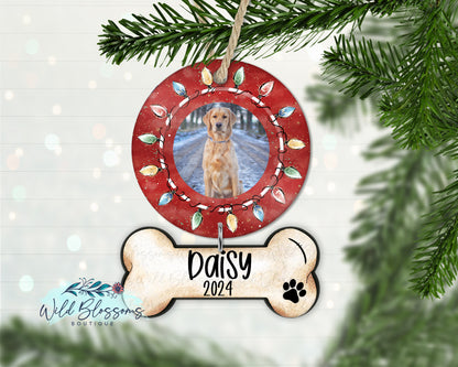 Red Christmas Lights Dog Photo Ornament