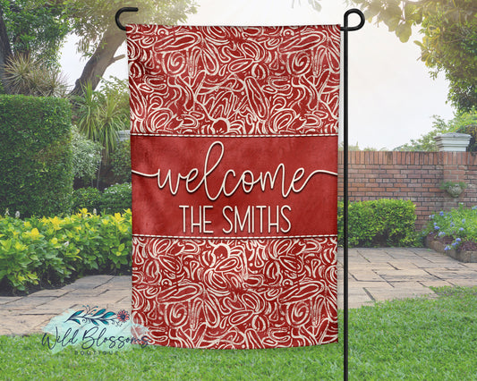 Red Abstract Scribble Welcome Personalized Garden Flag