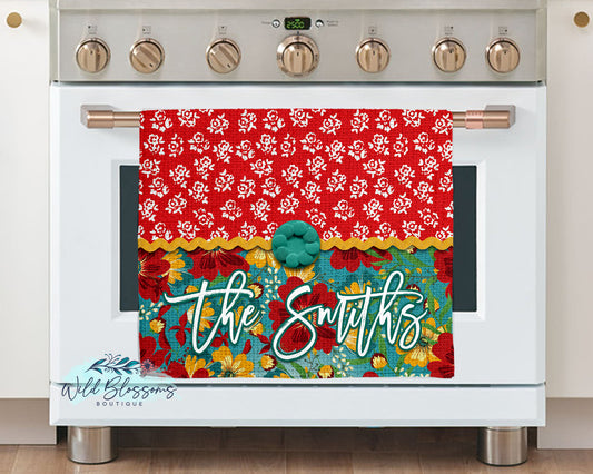 Red And Teal Floral Farmhouse Personalized Kitchen Towel
