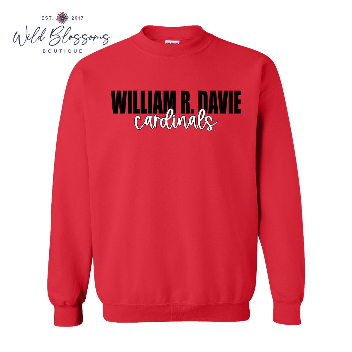 A red crewneck sweatshirt with 'WILLIAM R. DAVIE' in black block letters and 'cardinals' in white script across the chest, shown on a white background with a Wild Blossoms Boutique watermark in the top left.
