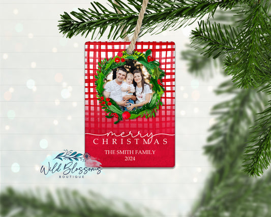 Red Crosshatch Christmas Wreath Personalized Photo Ornament