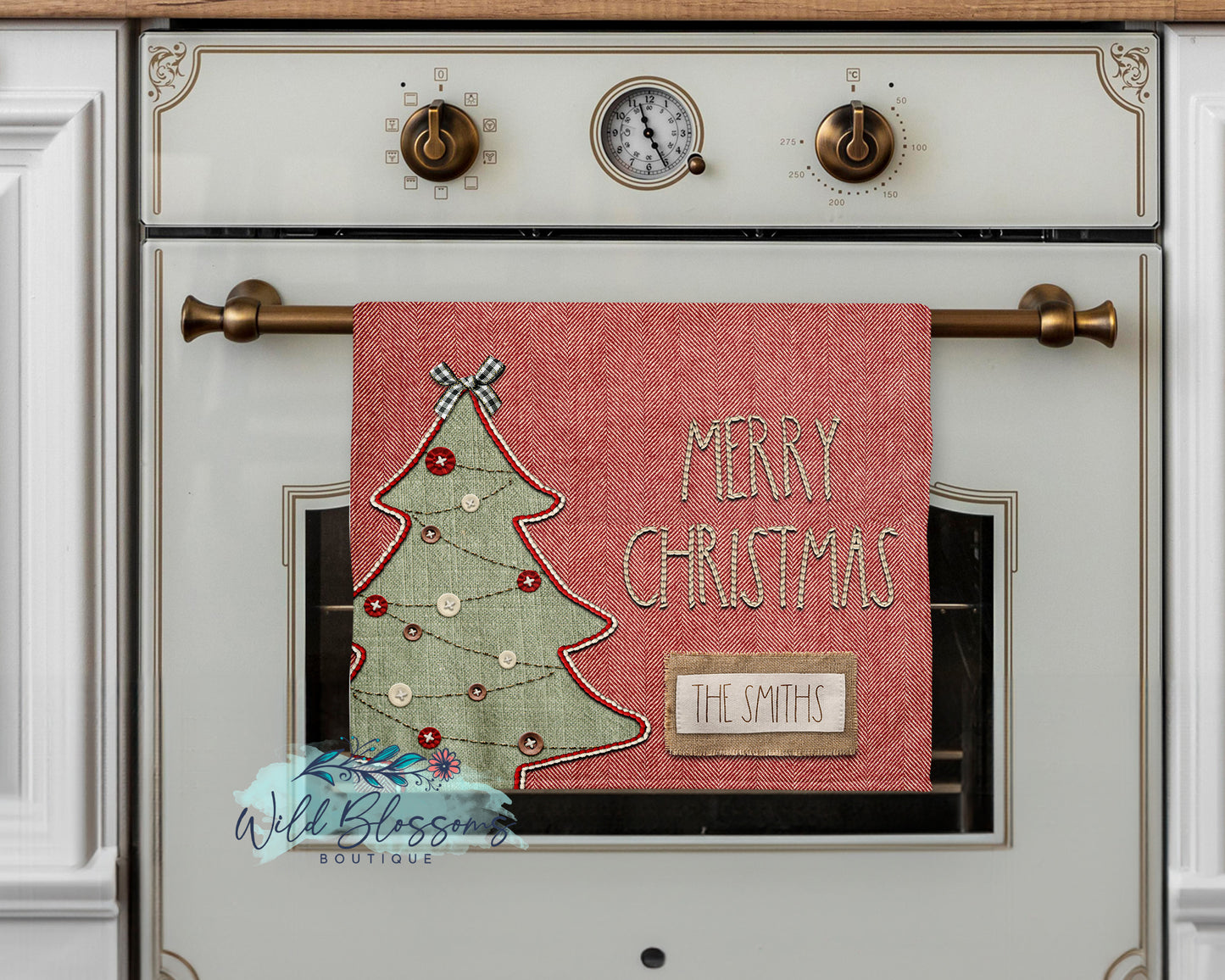 Red Herringbone Christmas Tree Personalized Kitchen Towel