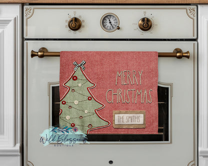 Red Herringbone Christmas Tree Personalized Kitchen Towel