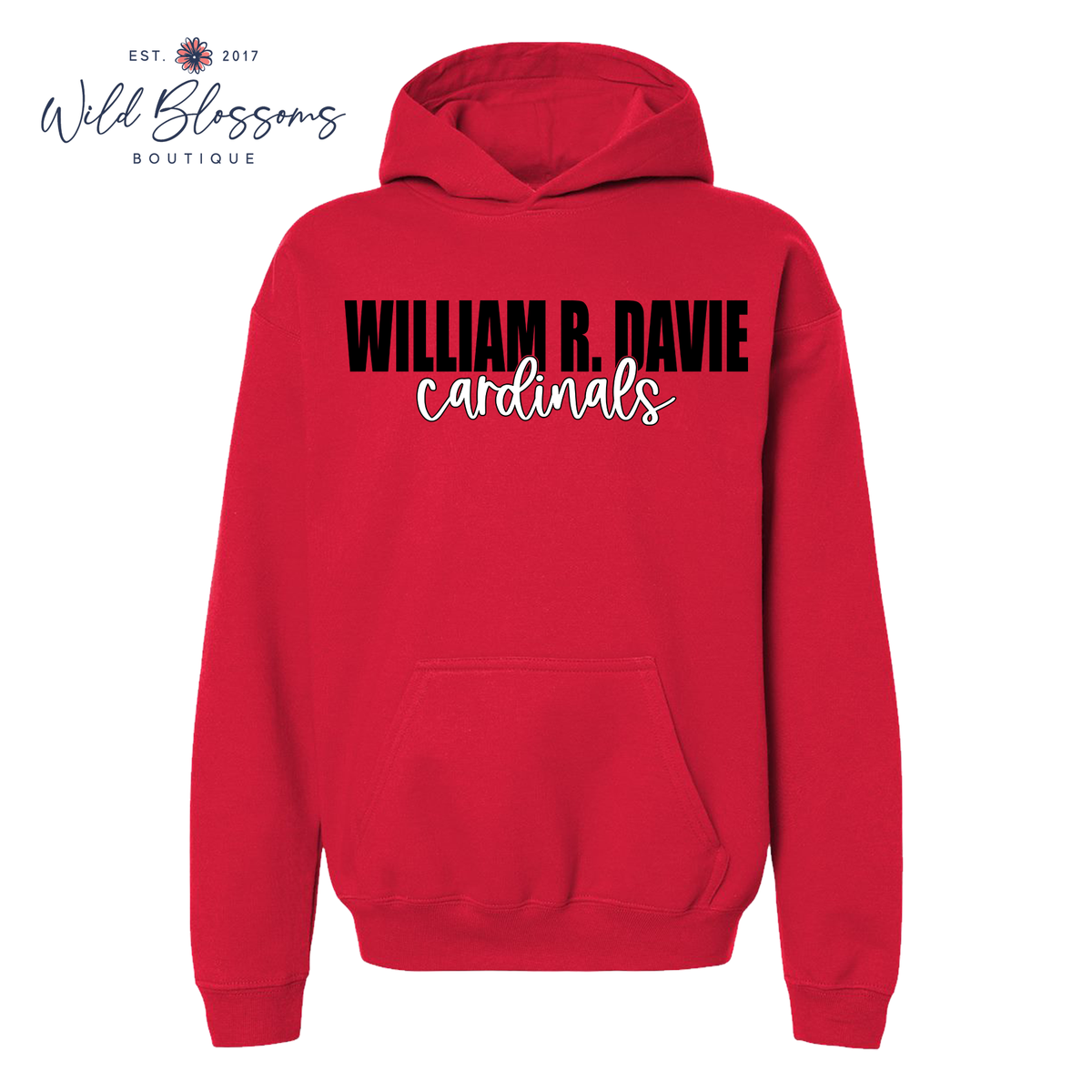 A red pullover hoodie with 'WILLIAM R. DAVIE' in bold black block letters and 'cardinals' in white script across the chest, shown on a plain white background with a Wild Blossoms Boutique watermark in the top left corner.