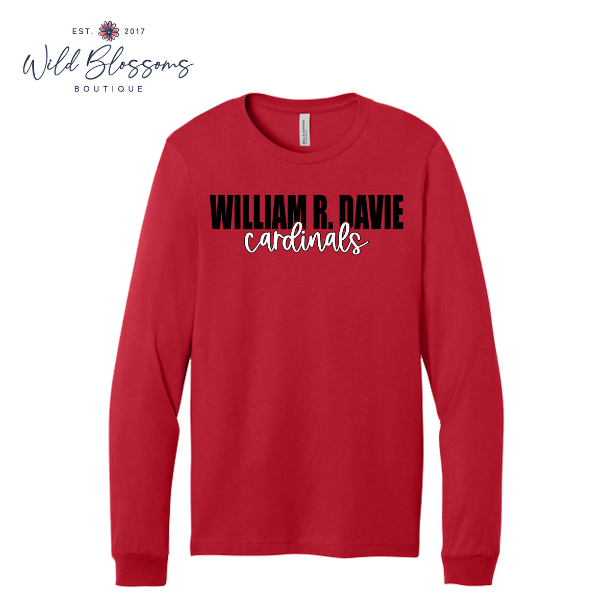 A red long-sleeve t-shirt with 'WILLIAM R. DAVIE' in black block letters and 'cardinals' in white script across the chest, displayed on a white background with a Wild Blossoms Boutique watermark in the top left corner.
