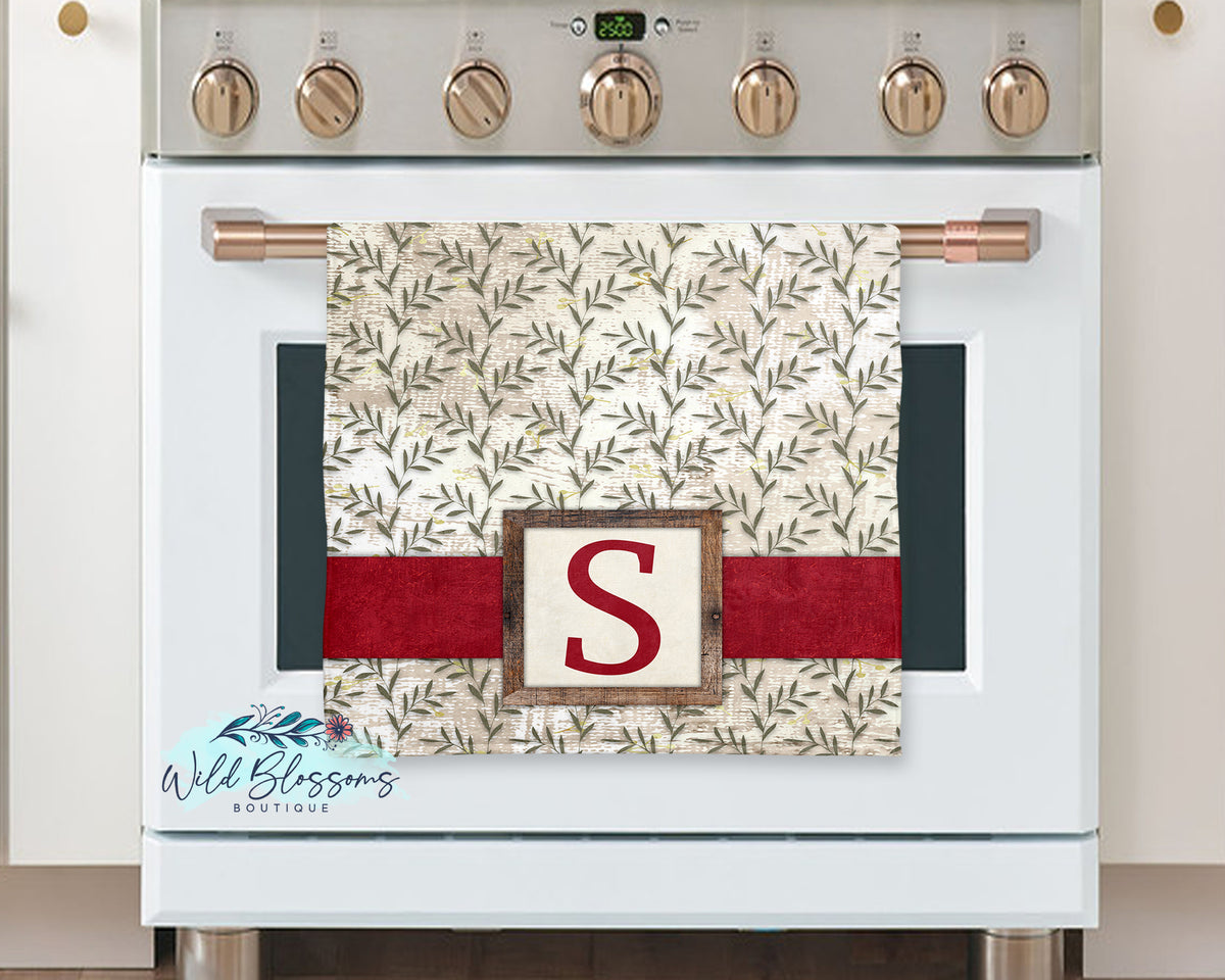 Red Rustic Greenery Personalized Kitchen Towel