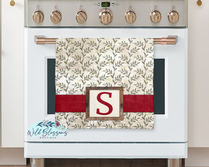 Red Rustic Greenery Personalized Kitchen Towel