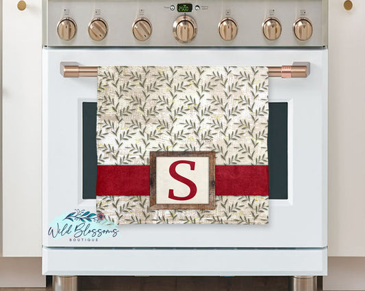 Red Rustic Greenery Personalized Kitchen Towel