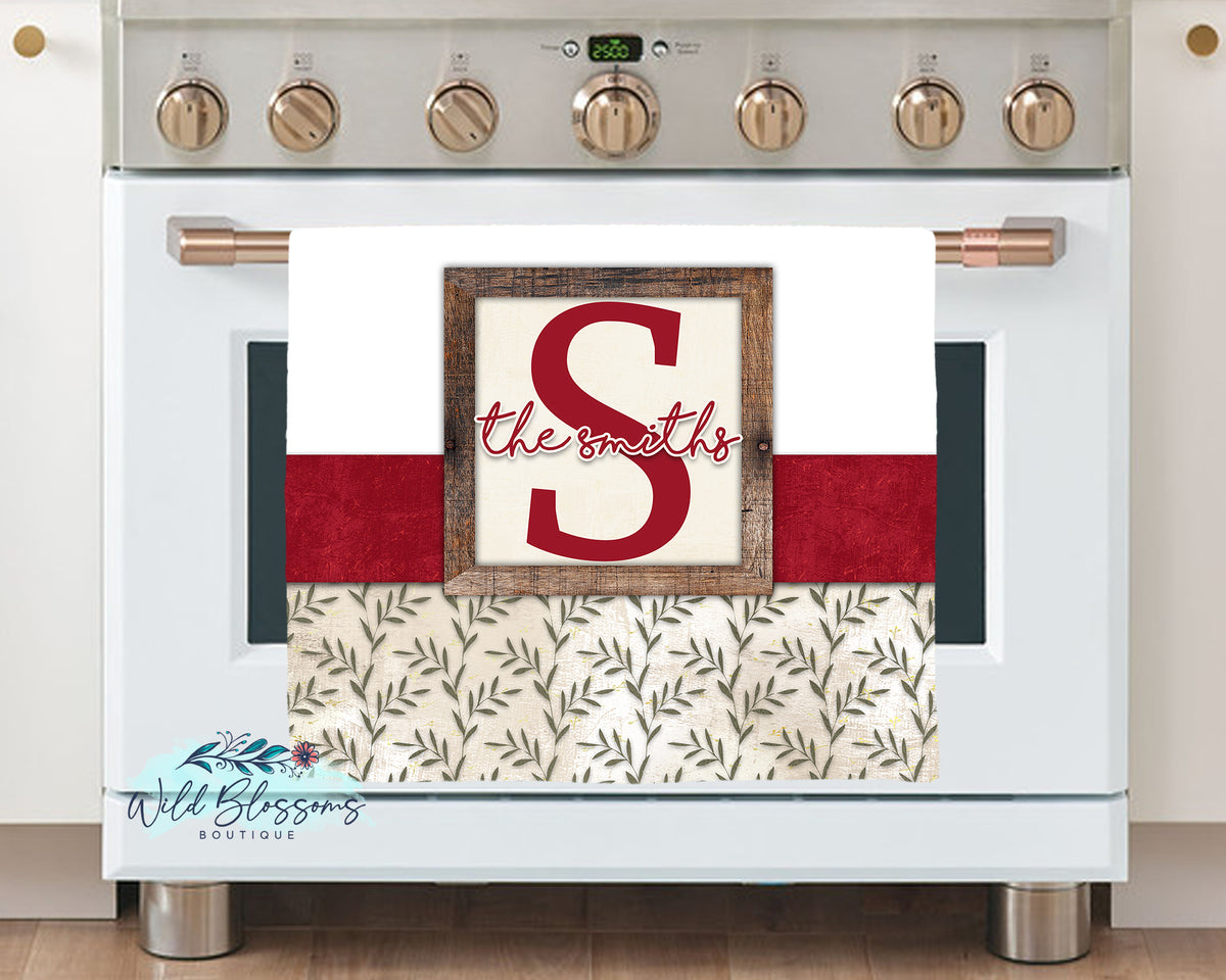 Red Rustic Greenery Family Name Personalized Kitchen Towel