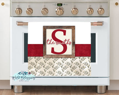 Red Rustic Greenery Family Name Personalized Kitchen Towel