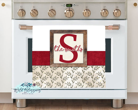 Red Rustic Greenery Family Name Personalized Kitchen Towel