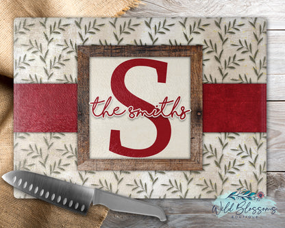 Red Rustic Greenery Family Name Personalized Glass Cutting Board