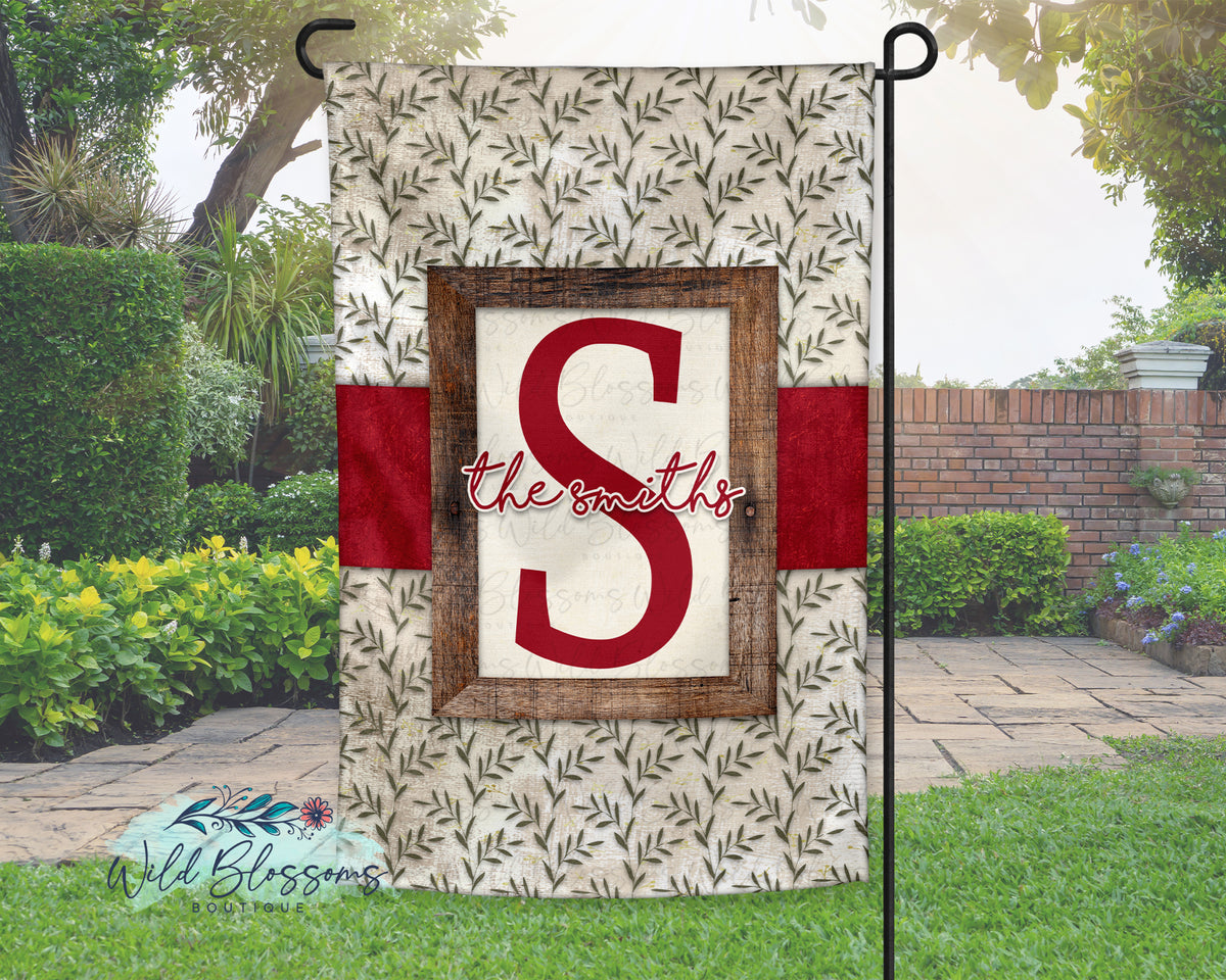 Red Rustic Greenery Family Name Personalized Garden Flag