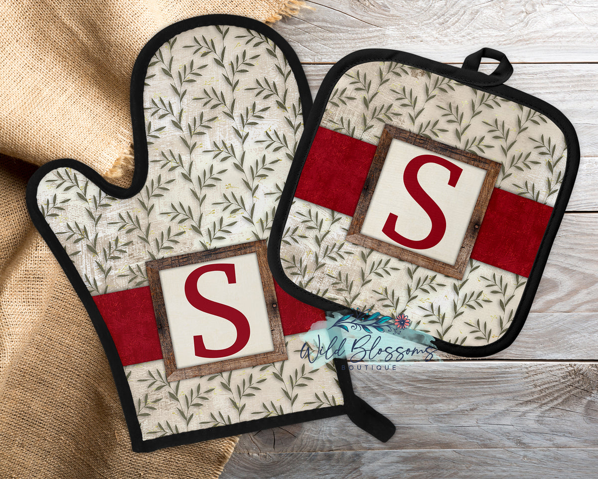 Red Rustic Greenery Family Name Personalized Kitchen Towel