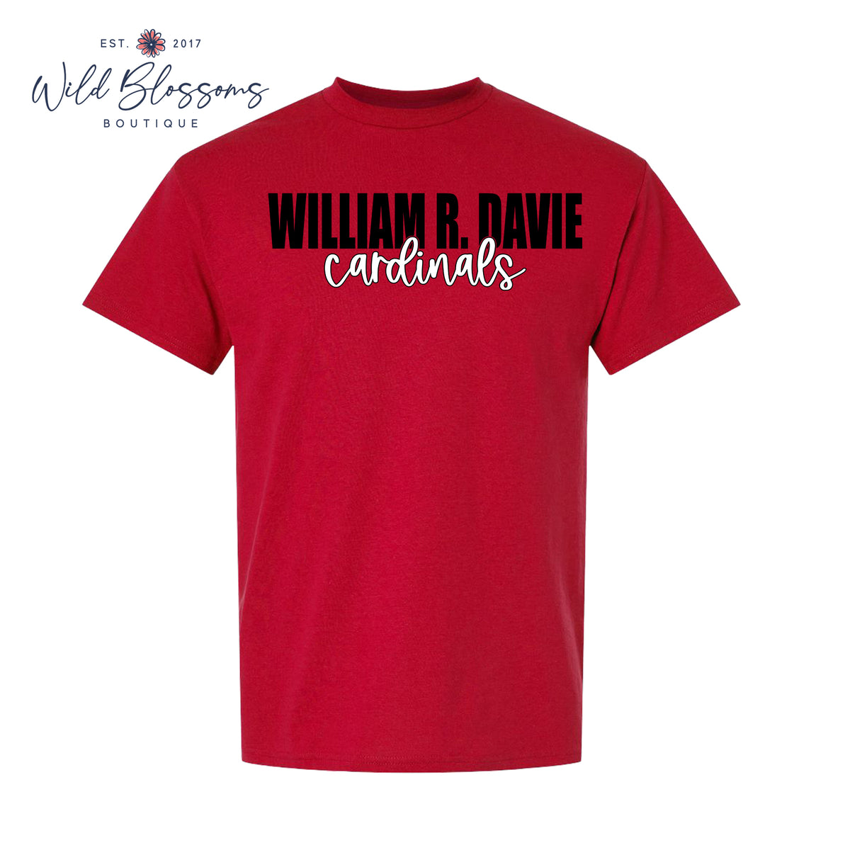A red short-sleeve crewneck t-shirt with 'WILLIAM R. DAVIE' printed in black block letters and 'cardinals' in white script across the chest.