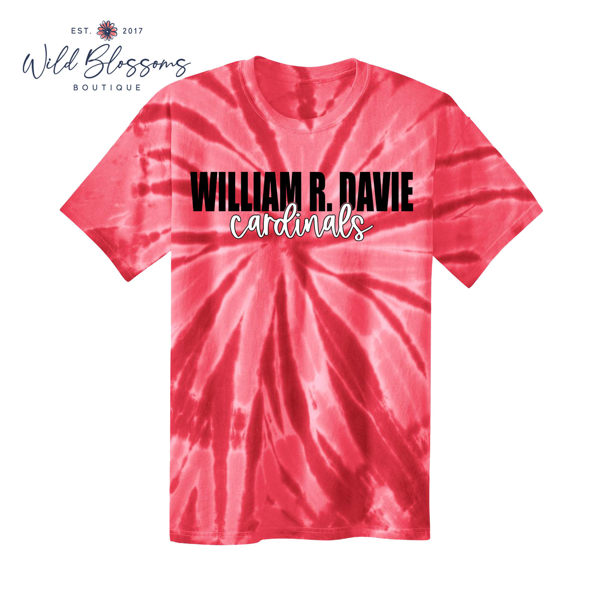 A red and pink tie-dye t-shirt with 'WILLIAM R. DAVIE cardinals' printed across the chest in black and white lettering, displayed on a white background with a Wild Blossoms Boutique logo in the top left corner.