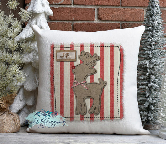 Ticking Fabric Faux Stitched Reindeer Personalized Pillow Cover