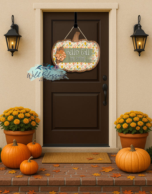 Retro Fall Personalized Pumpkin Door Hanger