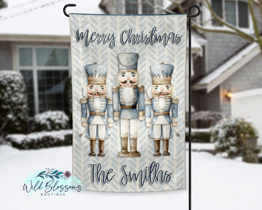 Rustic Blue Merry Christmas Nutcracker Personalized Garden Flag