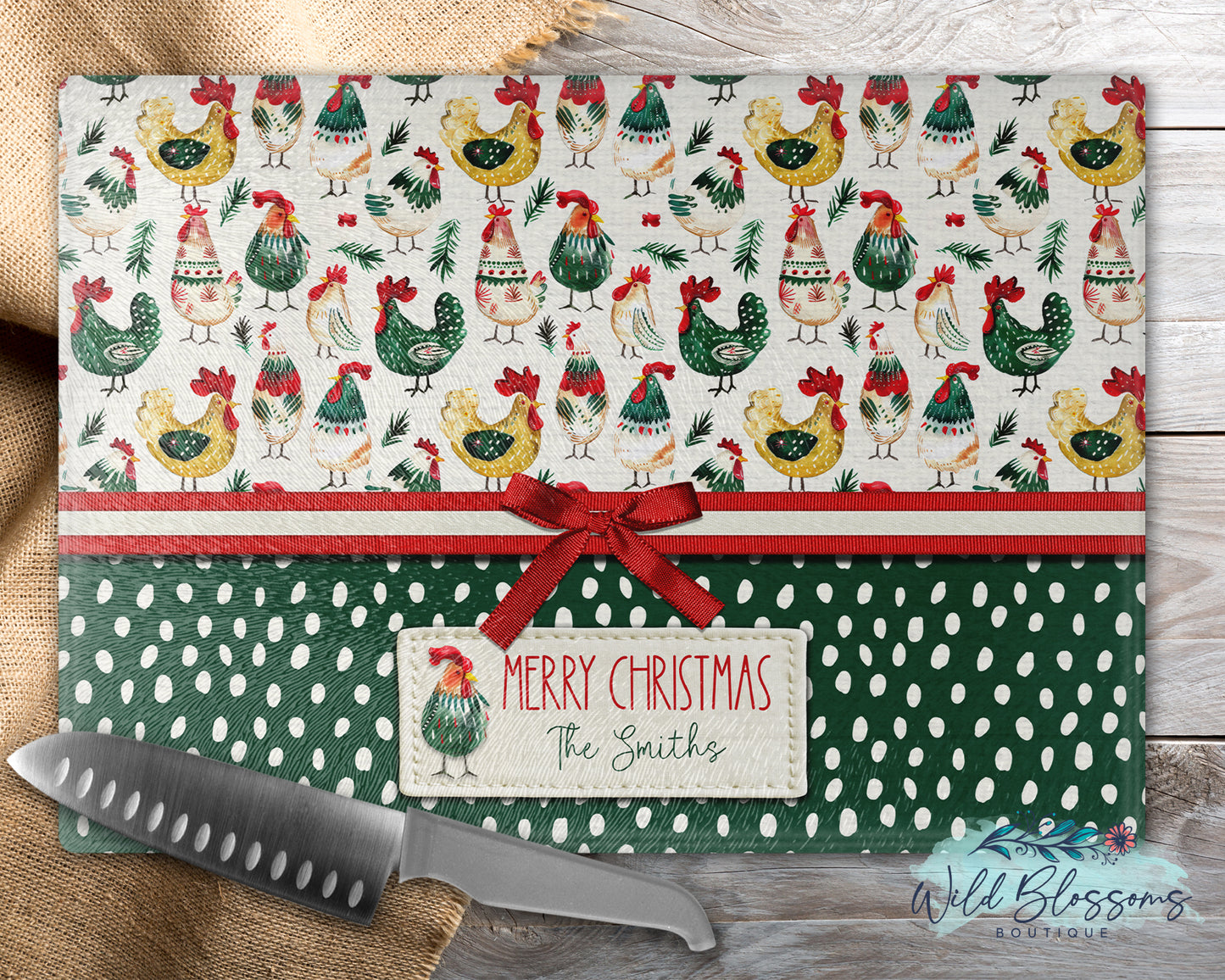 Personalized Farmhouse Christmas Chicken Glass Cutting Board | Rustic Holiday Rooster & Hen Gift