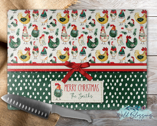 Personalized Farmhouse Christmas Chicken Glass Cutting Board | Rustic Holiday Rooster & Hen Gift