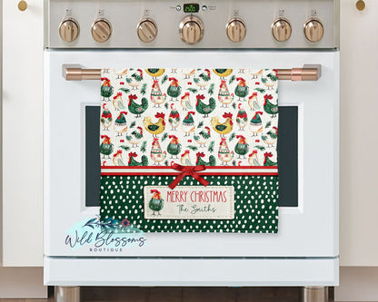 Personalized Farmhouse Christmas Chicken Kitchen Towel | Rustic Holiday Rooster & Hen Gift