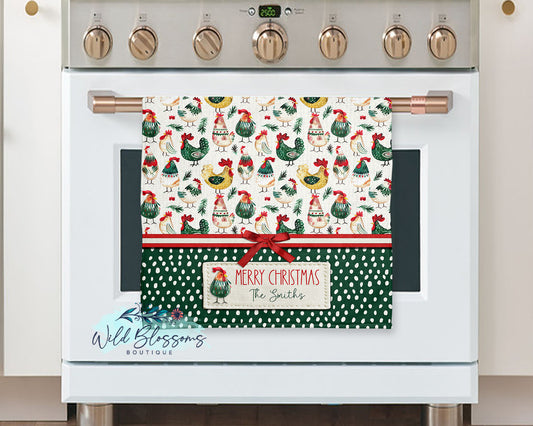 Personalized Farmhouse Christmas Chicken Kitchen Towel | Rustic Holiday Rooster & Hen Gift