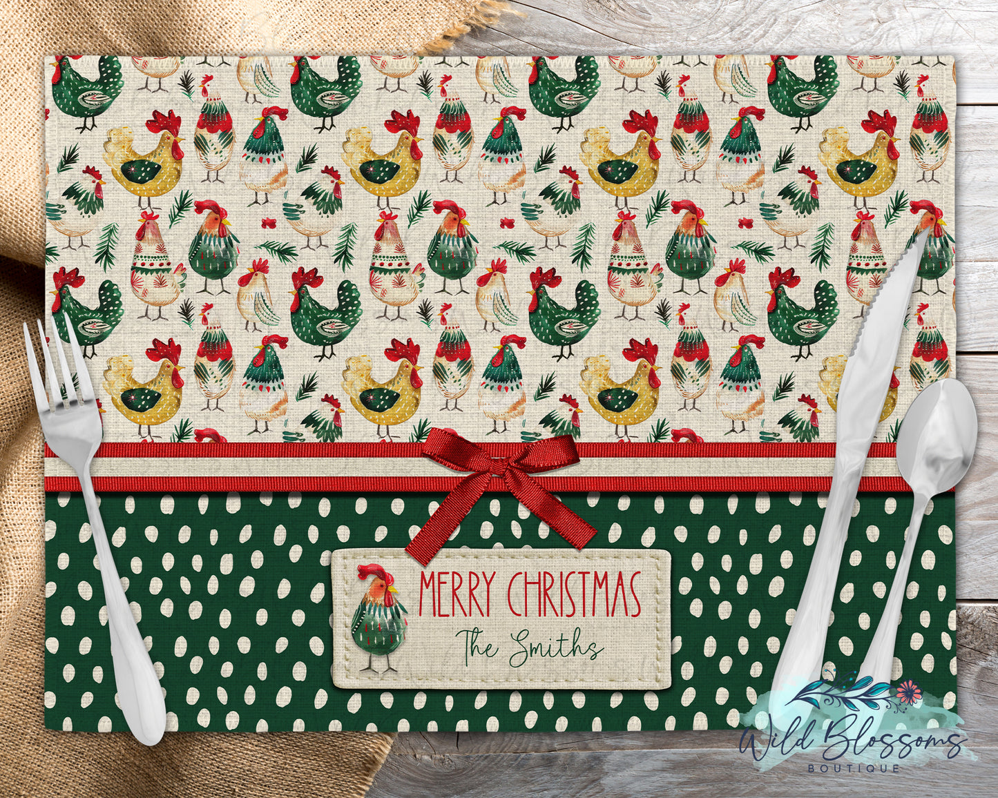 Personalized Farmhouse Christmas Chicken Placemat | Rustic Holiday Rooster & Hen Gift