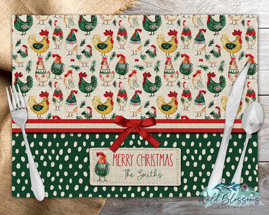 Personalized Farmhouse Christmas Chicken Placemat | Rustic Holiday Rooster & Hen Gift