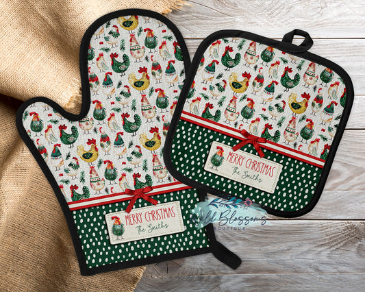 Personalized Farmhouse Christmas Chicken Oven Mitt & Pot Holder | Rustic Holiday Rooster & Hen Gift