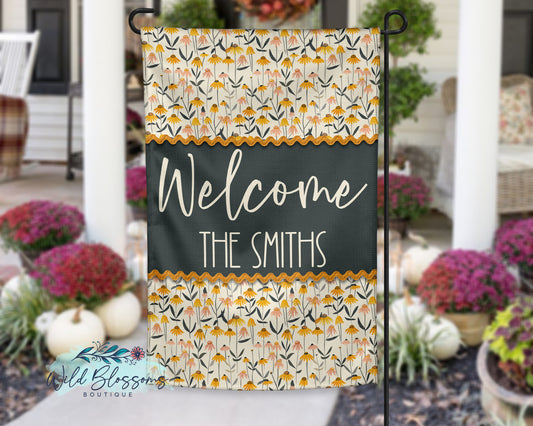 Rustic Fall Welcome Coneflowers Personalized Garden Flag