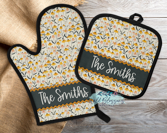 Rustic Fall Coneflowers Personalized Pot Holder And Oven Mitt