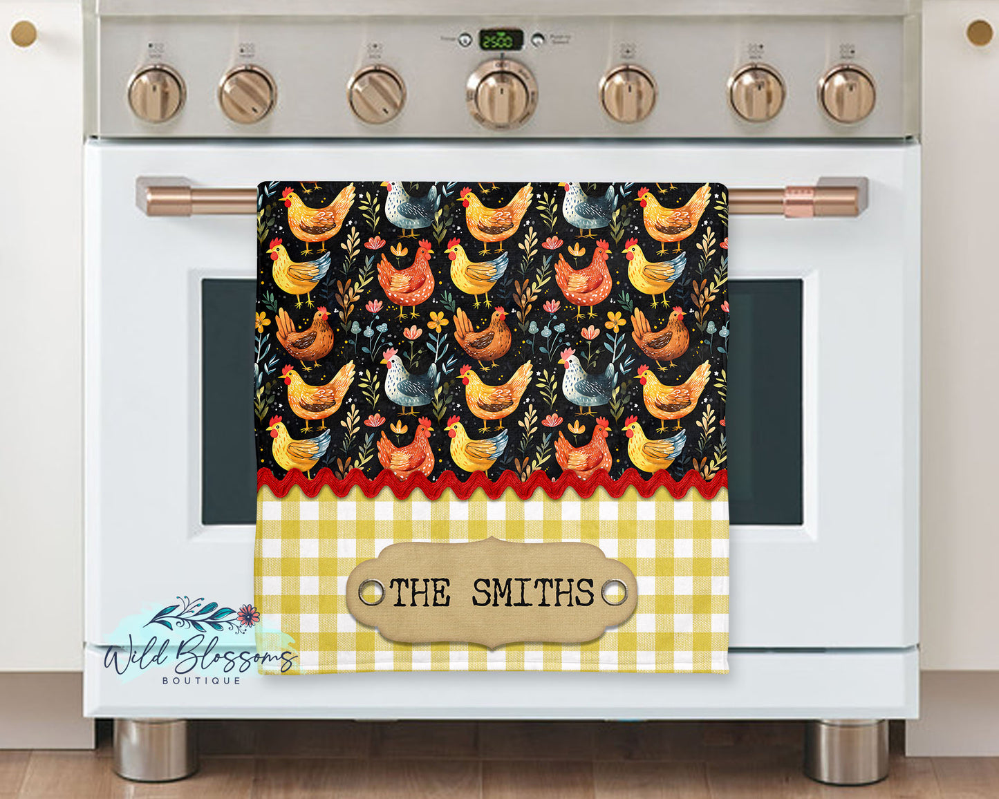 Rustic Yellow Buffalo Plaid and Floral Chicken Personalized Kitchen Towel