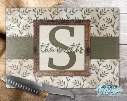 Rustic Greenery Family Name Personalized Glass Cutting Board