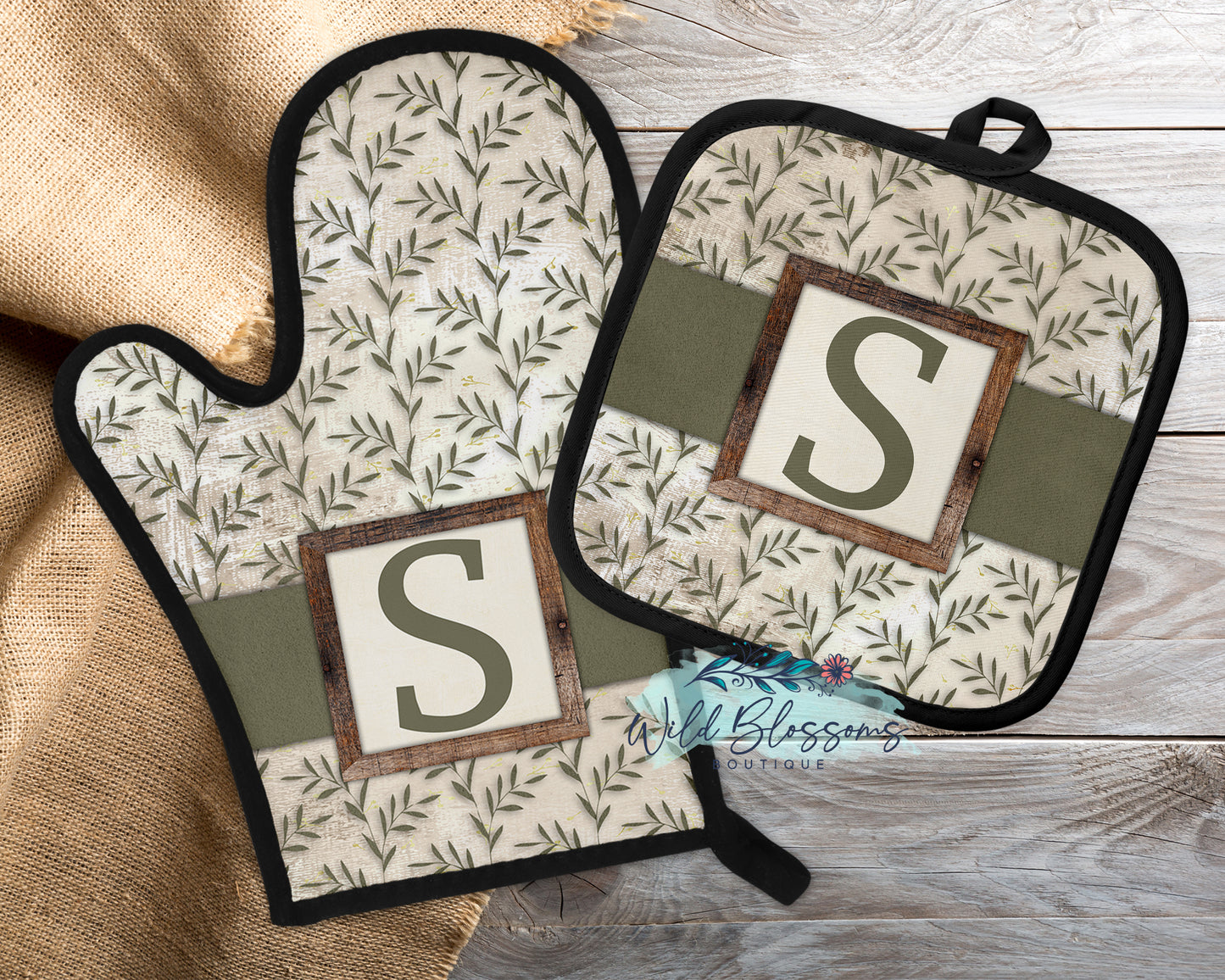 Rustic Greenery Personalized Oven Mitt & Pot Holder