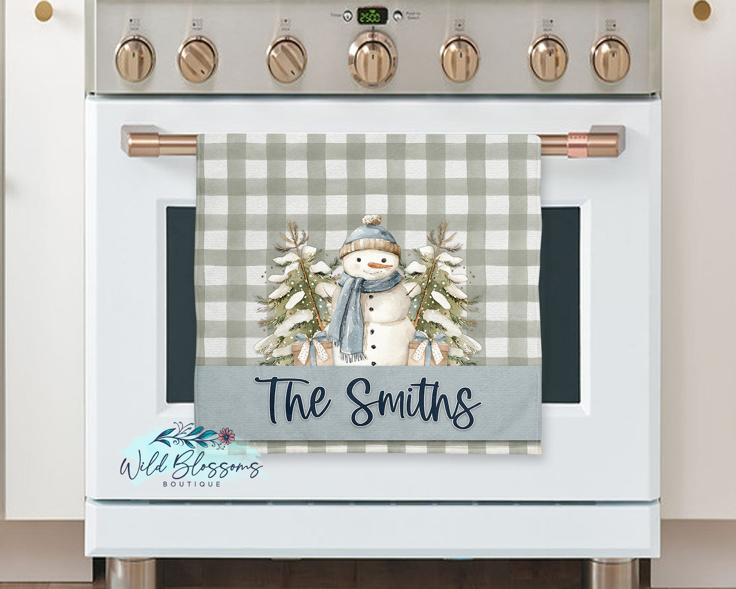 Rustic Green Buffalo Plaid Snowman Christmas Personalized Kitchen Towel