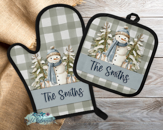 Rustic Green Buffalo Plaid Snowman Personalized Pot Holder And Oven Mitt
