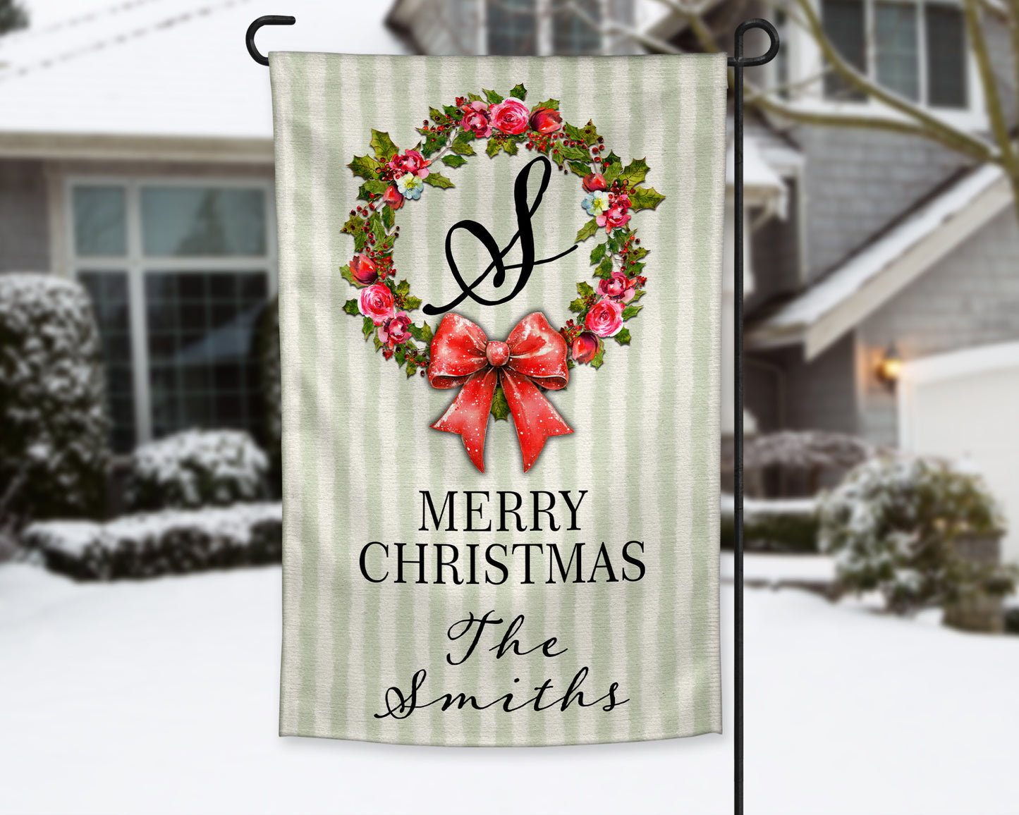 Rustic Green Striped Christmas Holly Floral Wreath Personalized Garden Flag