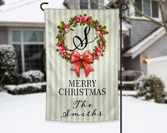 Rustic Green Striped Christmas Holly Floral Wreath Personalized Garden Flag