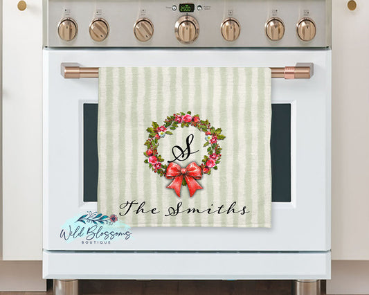 Rustic Green Striped Christmas Holly Floral Personalized Kitchen Towel