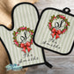 Rustic Green Striped Christmas Holly Floral Personalized Pot Holder And Oven Mitt