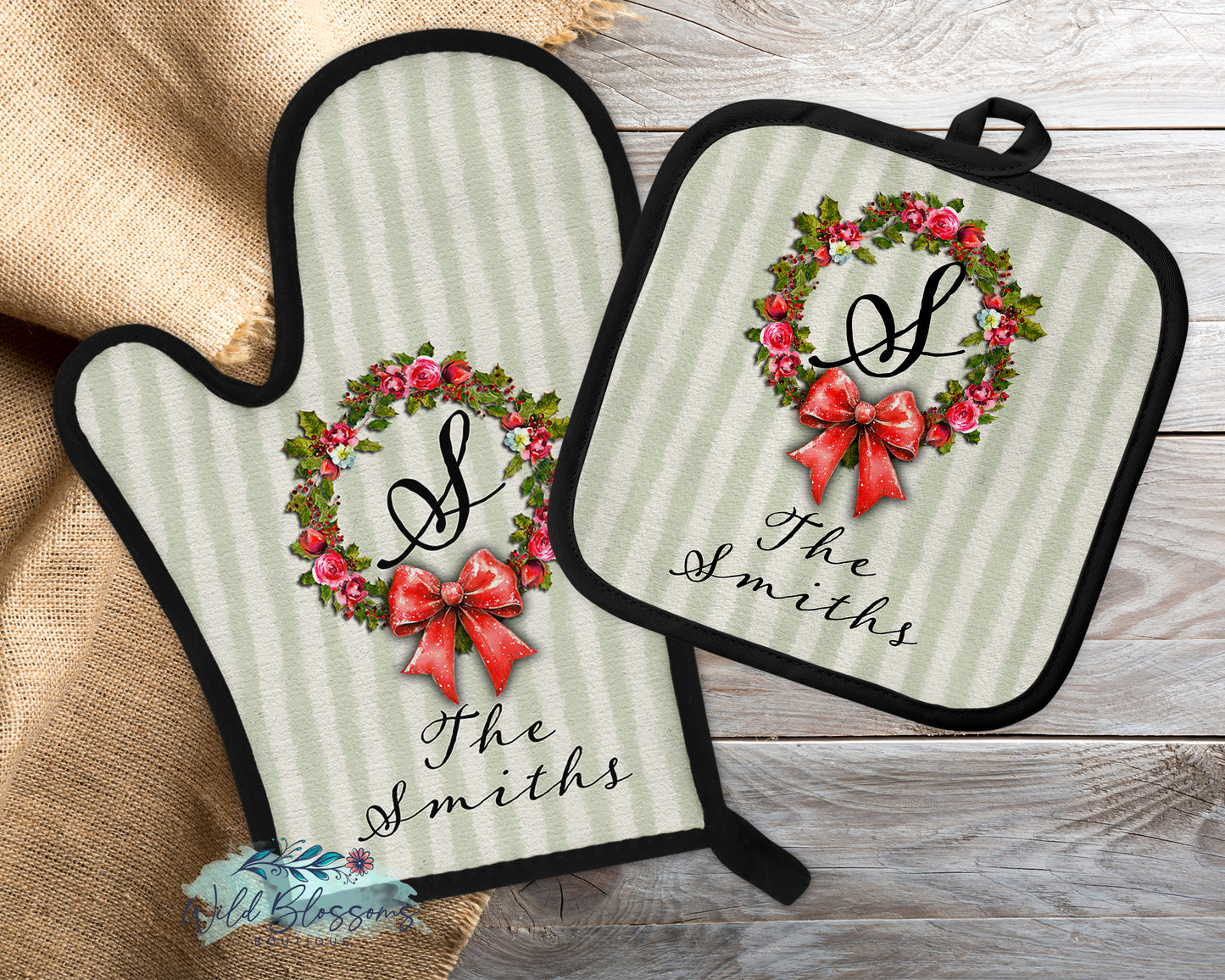 Rustic Green Striped Christmas Holly Floral Personalized Pot Holder And Oven Mitt