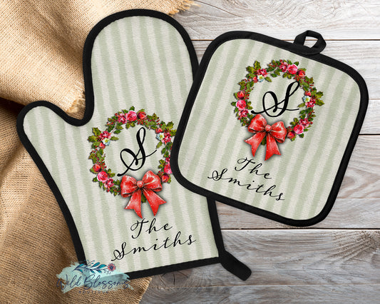 Rustic Green Striped Christmas Holly Floral Personalized Pot Holder And Oven Mitt