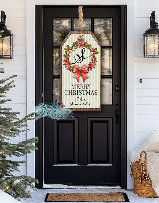 Rustic Green Striped Poinsettia Floral Wreath Personalized Gift Tag Door Hanger