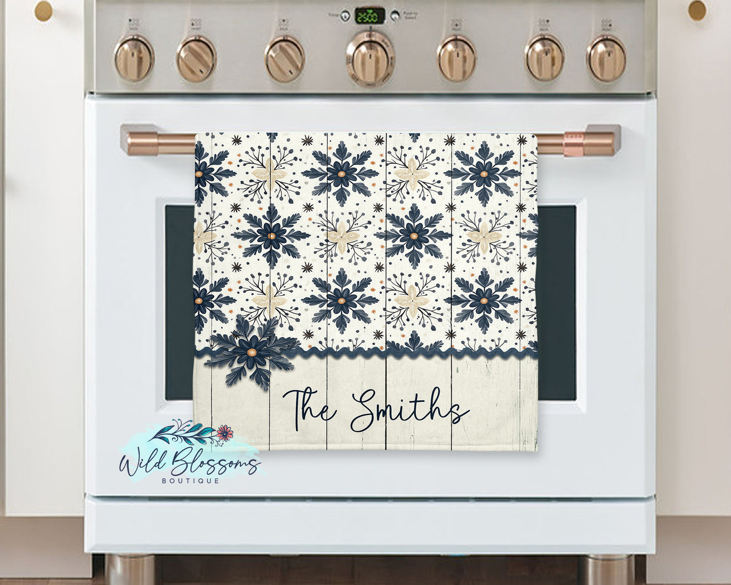 Rustic Navy and Cream Snowflake Personalized Kitchen Towel