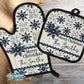 Rustic Navy and Cream Snowflake Personalized Pot Holder And Oven Mitt